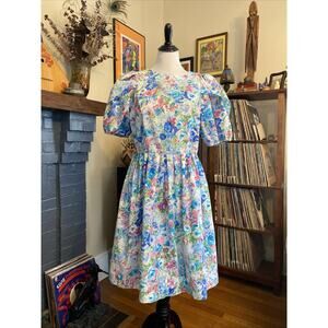 Vintage In Cinq Floral 1980s Tea Dress Puff Sleeve Feminine Midi Cottage 18 L/XL
